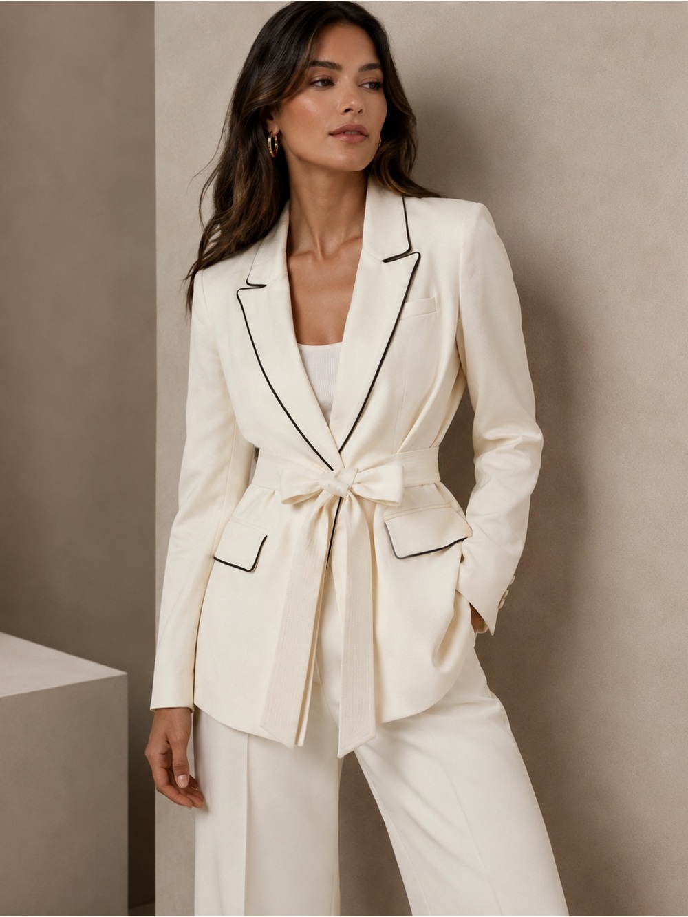 NWT Veronica Beard Ivory Belted Blazer Contrast Trim Tie Waist Jacket Size M